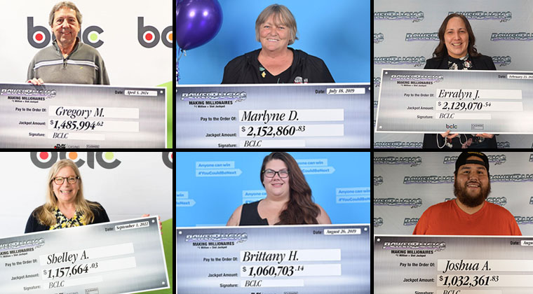 Powerbucks slot jackpot winners posing with giant cheques